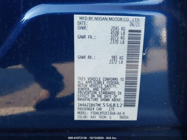 1N4AZ1BV7MC556812 Nissan Leaf S 40 Kwh