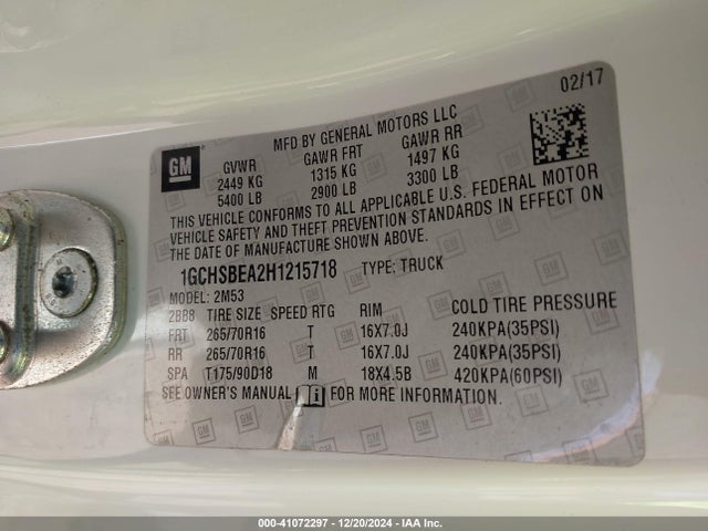 Chevrolet Colorado Wt 2017 1GCHSBEA2H1215718 Image 9