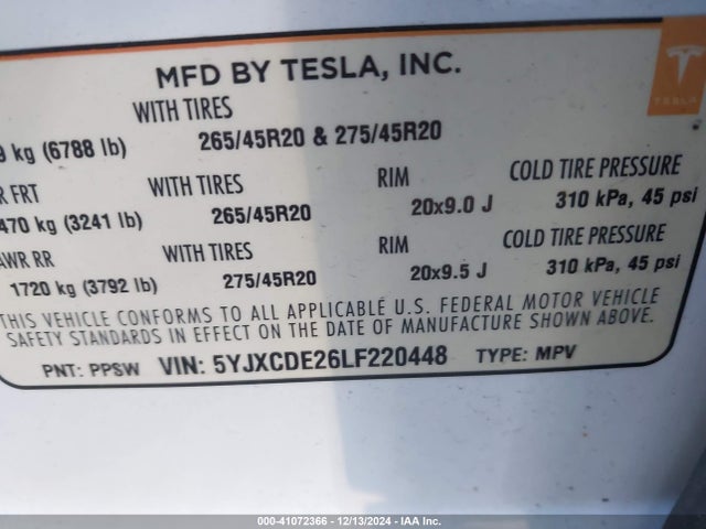 2020 TESLA MODEL X 5YJXCDE26LF220448 Photo 8