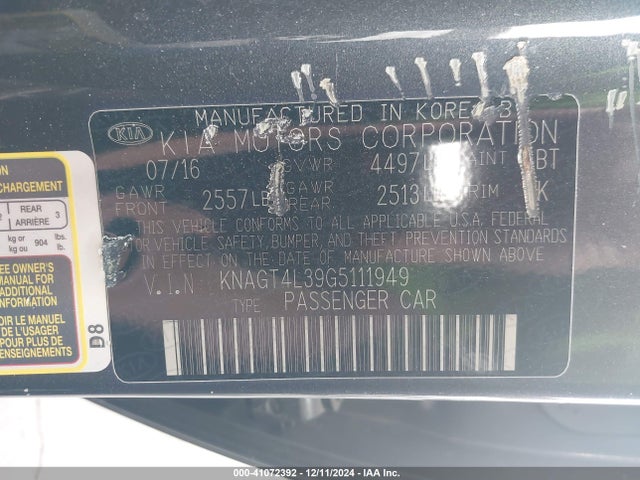 KIA Optima Lx 2016 KNAGT4L39G5111949 Image 9