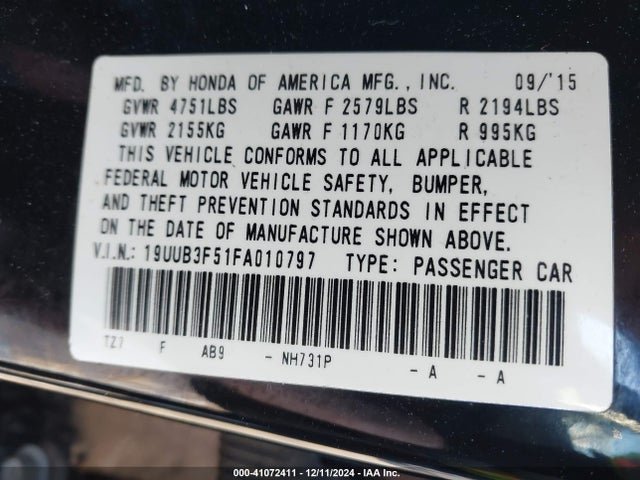 19UUB3F51FA010797 Acura Tlx V6 Tech