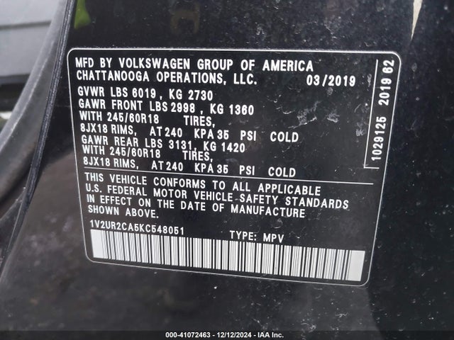 1V2UR2CA5KC548051 Volkswagen Atlas 3.6l V6 Se W/technology