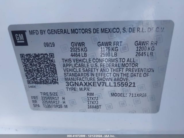 3GNAXKEV7LL155921 Chevrolet Equinox Fwd Lt 1.5l Turbo