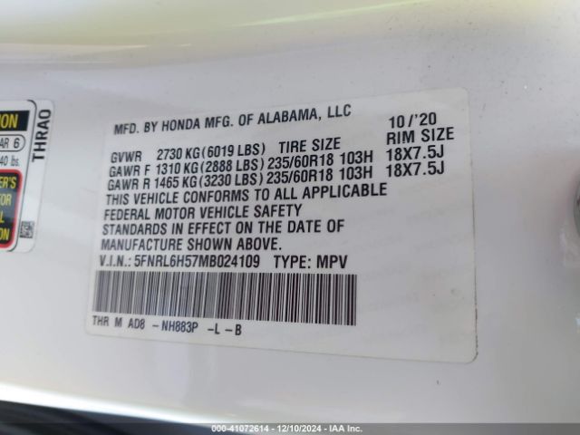 5FNRL6H57MB024109 Honda ODYSSEY EX