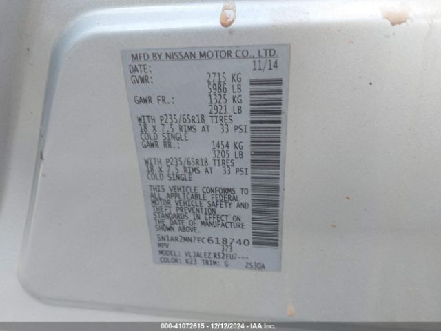 5N1AR2MN7FC618740 Nissan Pathfinder Platinum/s/sl/sv