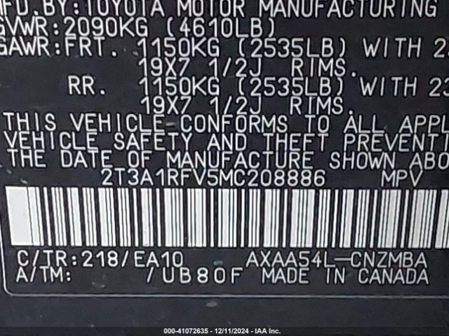 2T3A1RFV5MC208886 Toyota Rav4 Xle Premium