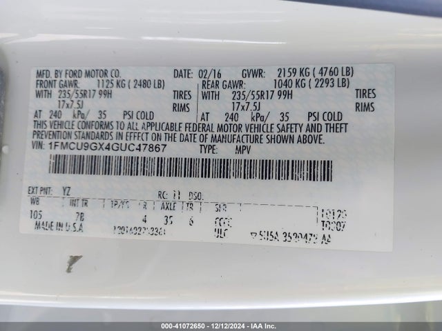 Ford ESCAPE SE 2016 1FMCU9GX4GUC47867 Image 9
