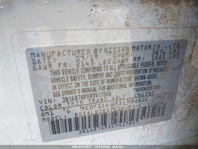41072677 :رقم المزاد ، 3N1AB7APXKY417849 vin ، 2019 Nissan Sentra Sv مزاد بيع