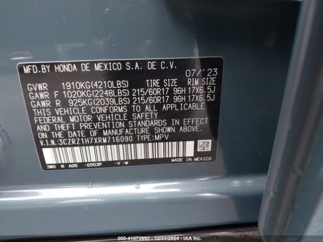 3CZRZ1H7XRM716090 Honda Hr-v 2wd Ex-l/2wd Ex-l W/o Bsi