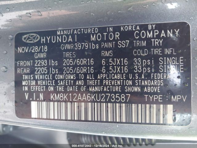 KM8K12AA6KU273587 Hyundai Kona Se