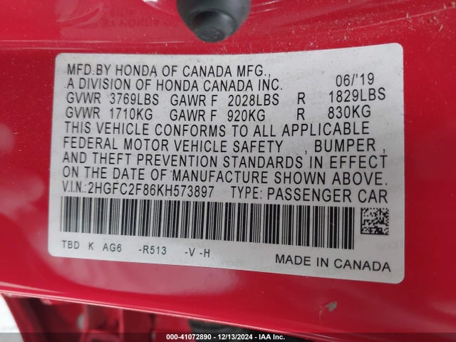 Honda Civic Sport 2019 2HGFC2F86KH573897 Image 9