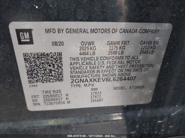2GNAXKEV6L6264407 Chevrolet Equinox Fwd Lt 1.5l Turbo