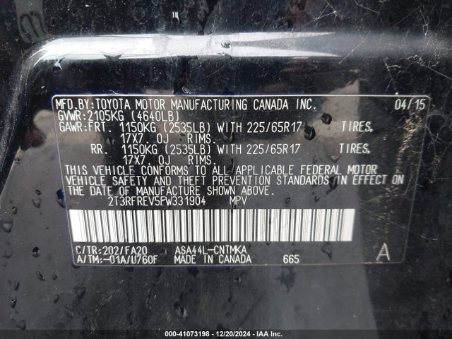 Toyota Rav4 Xle 2015 2T3RFREV5FW331904 Image 9