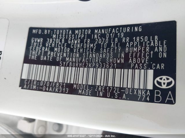 5YFBURHE2KP933621 Toyota COROLLA LE
