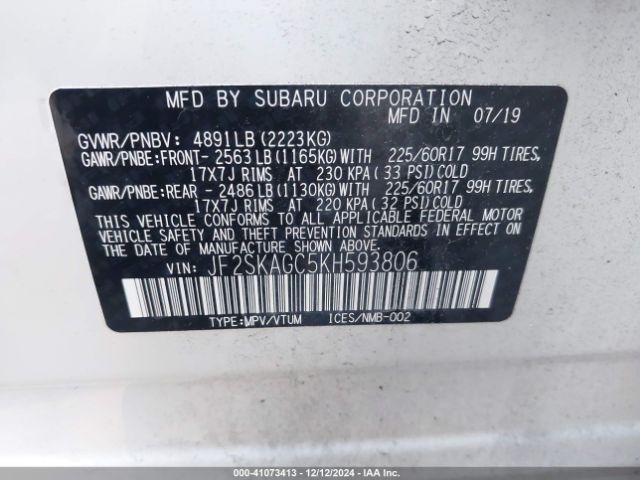 JF2SKAGC5KH593806 Subaru Forester Premium