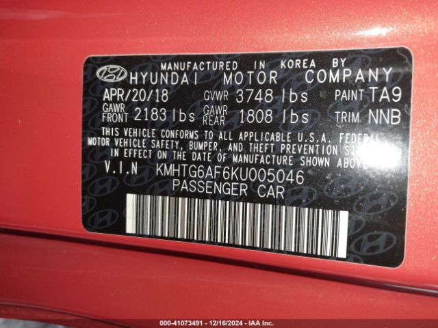 KMHTG6AF6KU005046 Hyundai Veloster 2.0 Premium