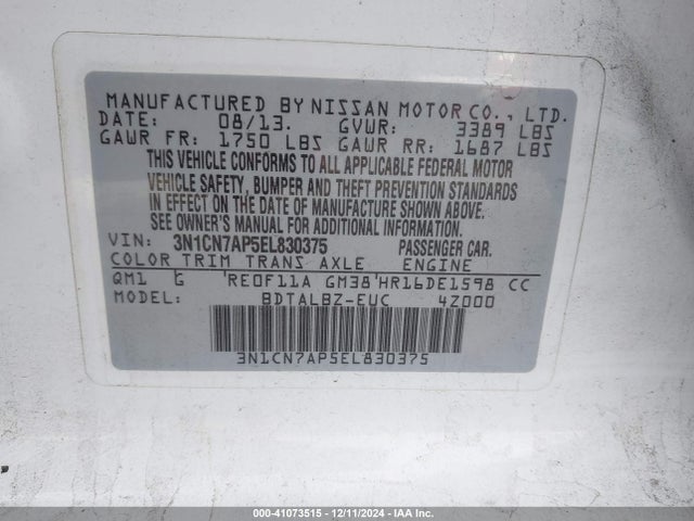 Nissan Versa 1.6 Sv 2014 3N1CN7AP5EL830375 Image 9