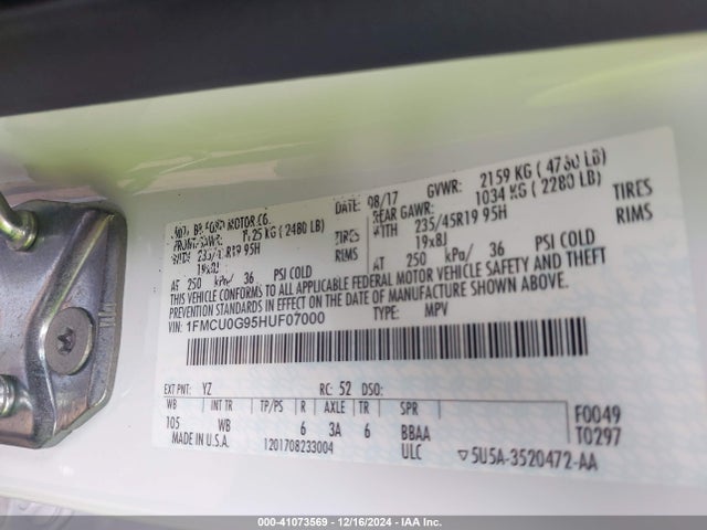 Ford ESCAPE SE 2017 1FMCU0G95HUF07000 Image 9