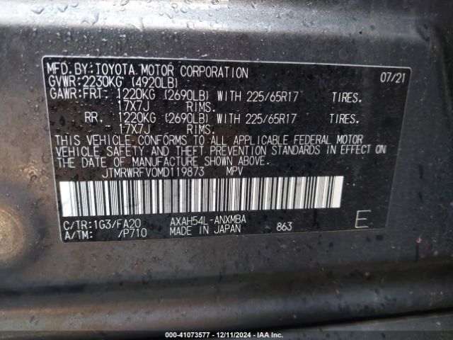 JTMRWRFV0MD119873 Toyota Rav4 Hybrid Xle