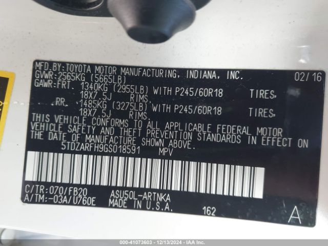 5TDZARFH9GS018591 Toyota Highlander Le
