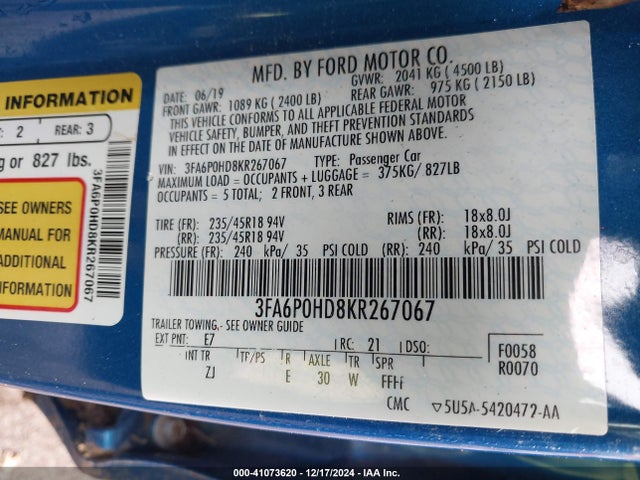 Ford FUSION SE 2019 3FA6P0HD8KR267067 Image 9