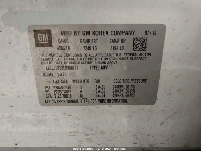 KL7CJLSB2LB008777 Chevrolet Trax Fwd Lt