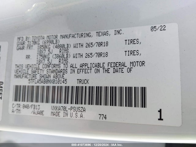 Toyota Tundra Sr5 2022 5TFLA5AB0NX010145 Image 9