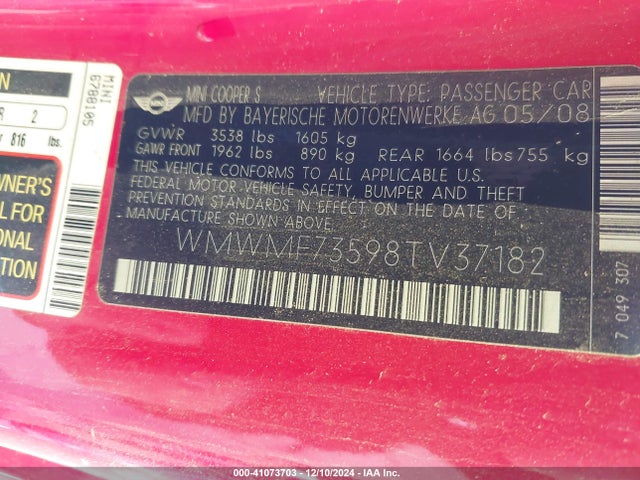 2008 MINI COOPER S WMWMF73598TV37182 Photo 8