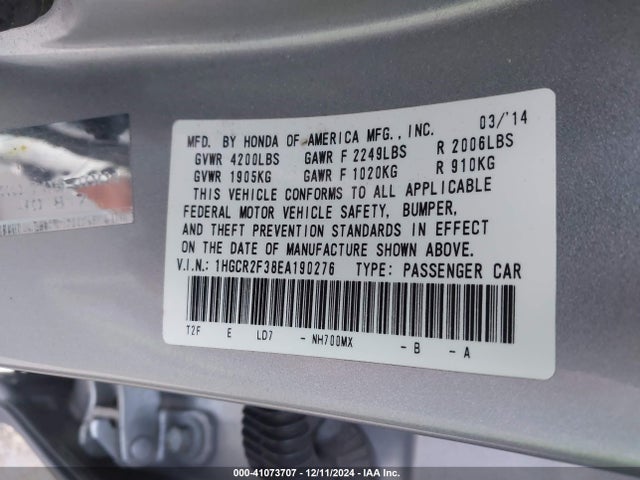 Honda ACCORD LX 2014 1HGCR2F38EA190276 Image 9