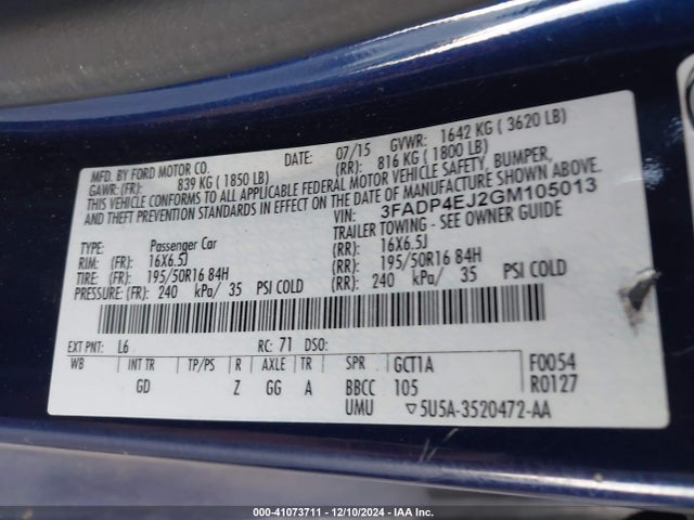Ford FIESTA SE 2016 3FADP4EJ2GM105013 Image 9