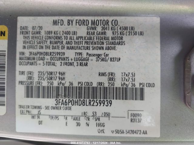 3FA6P0HD8LR259939 Ford FUSION SE