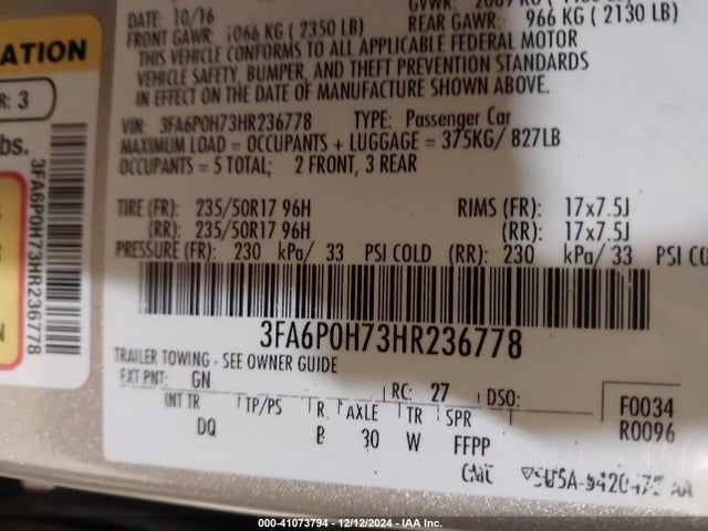 Ford FUSION SE 2017 3FA6P0H73HR236778 Image 9
