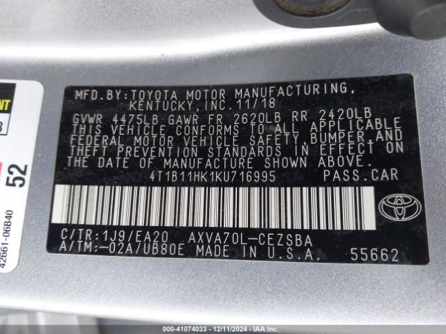 4T1B11HK1KU716995 Toyota CAMRY SE