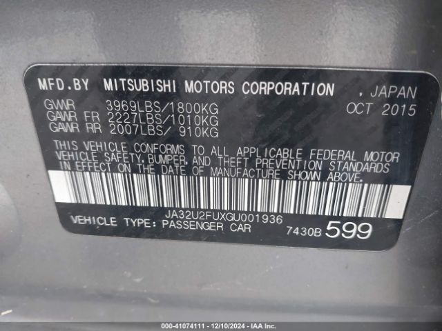 JA32U2FUXGU001936 Mitsubishi LANCER ES