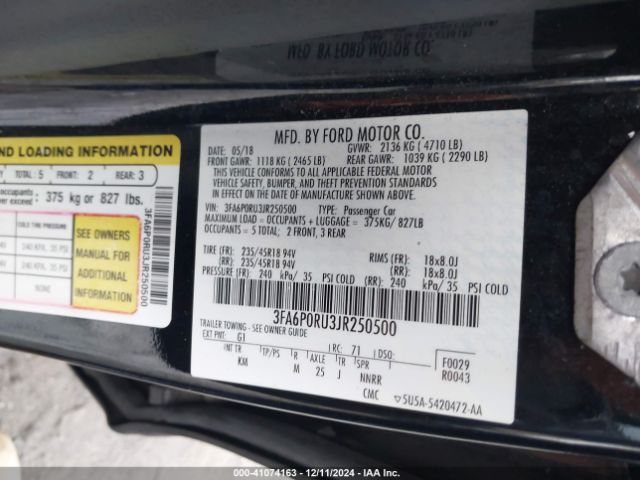3FA6P0RU3JR250500 Ford Fusion Hybrid Titanium