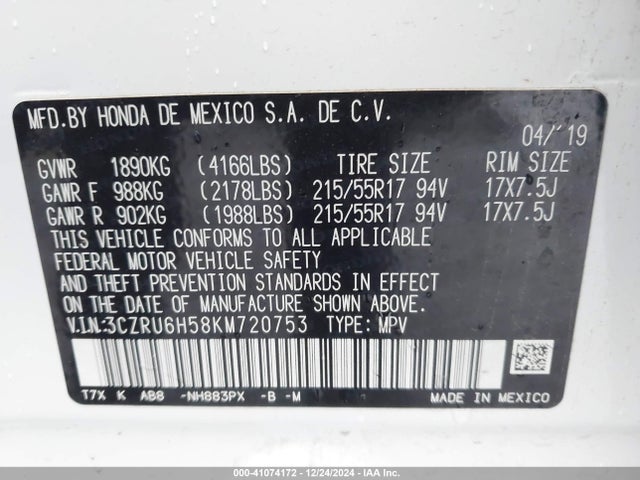 Honda HR-V EX 2019 3CZRU6H58KM720753 Image 9