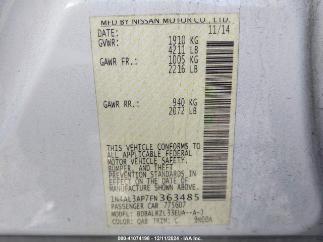 Nissan Altima 2.5 Sl 2015 1N4AL3AP7FN363485 Image 9