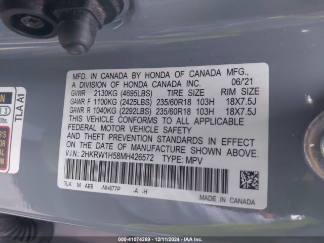 2HKRW1H58MH426572 Honda Cr-v 2wd Ex