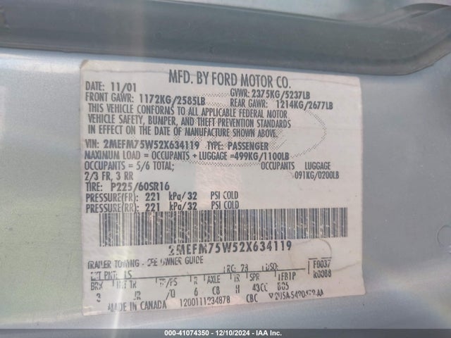 41074350 :رقم المزاد ، 2MEFM75W52X634119 vin ، 2002 Mercury Grand Marquis Ls مزاد بيع