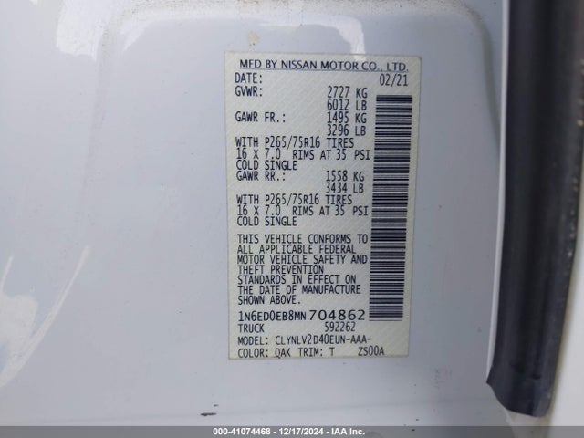 1N6ED0EB8MN704862 Nissan Frontier
