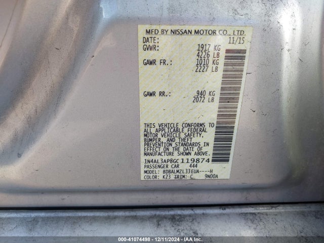 Nissan Altima 2.5 Sv 2016 1N4AL3AP8GC119874 Image 9