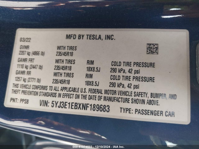 2022 TESLA MODEL 3 5YJ3E1EBXNF189683 Photo 8