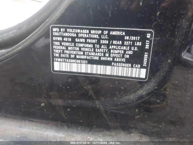 1VWGT7A33HC081221 Volkswagen Passat 1.8t Se