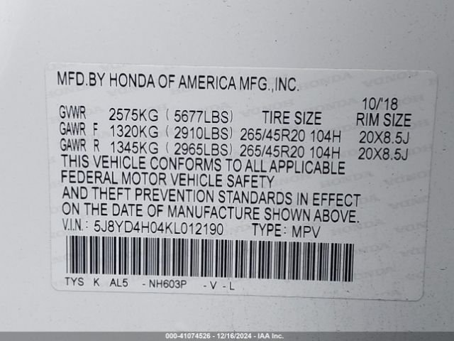 5J8YD4H04KL012190 Acura Mdx Tech   A-spec Pkgs