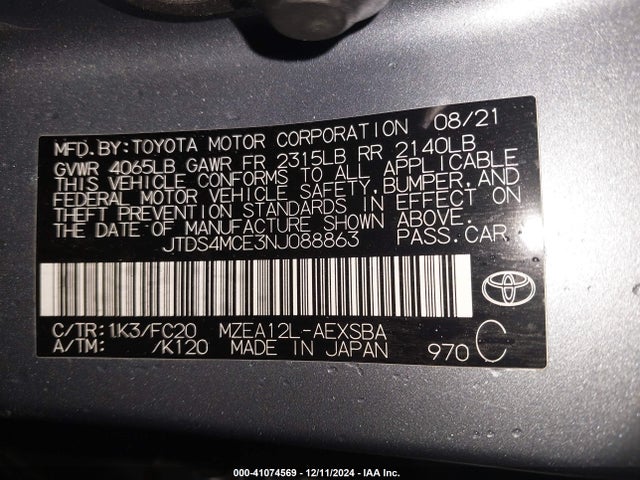 JTDS4MCE3NJ088863 Toyota COROLLA SE