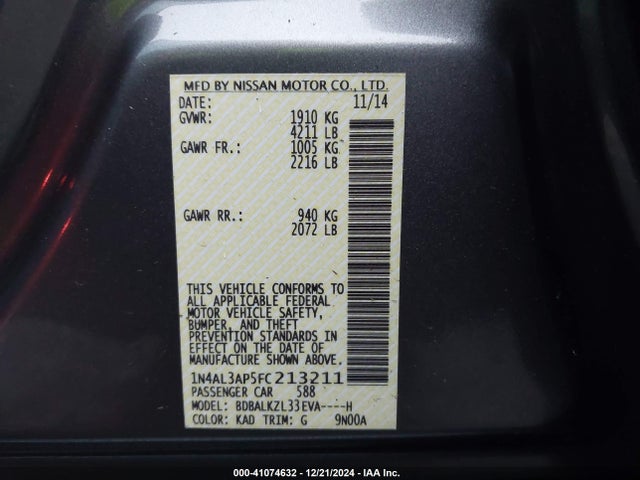 Nissan Altima 2.5 Sv 2015 1N4AL3AP5FC213211 Image 9
