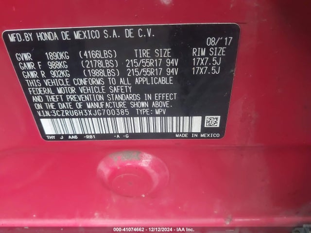 Honda HR-V LX 2018 3CZRU6H3XJG700385 Image 9