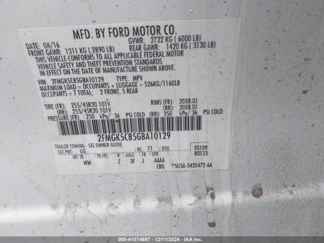 2FMGK5C85GBA10129 Ford FLEX SEL