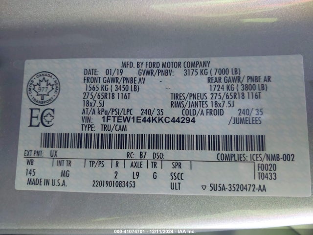 1FTEW1E44KKC44294 Ford F-150 Xlt