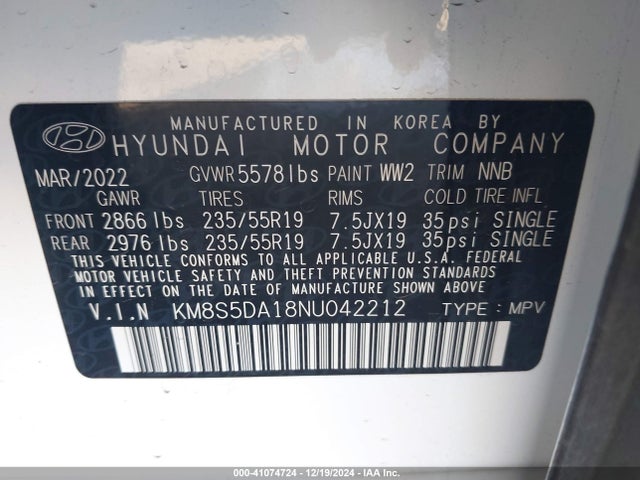 KM8S5DA18NU042212 Hyundai Santa Fe Hybrid Limited